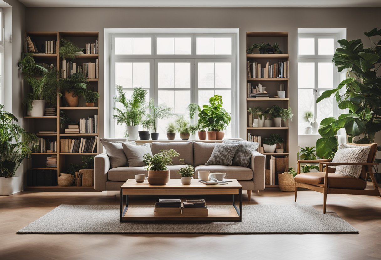 A cozy living room with a modern sofa, coffee table, and potted plants. A bookshelf filled with design books and decorative objects. A large window lets in natural light