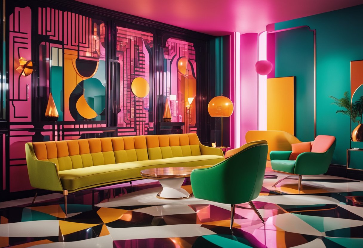 A room with Art Deco furniture, bold colors, and geometric patterns. A mid-century modern living space with clean lines, organic shapes, and minimalist decor. A 1980s interior featuring bright neon colors, mirrored surfaces, and futuristic elements