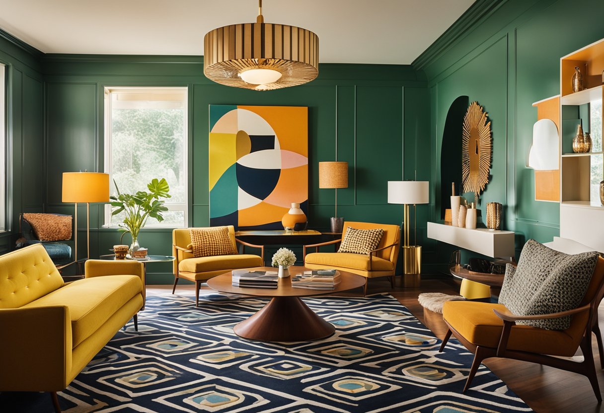 A mid-century modern living room with iconic furniture pieces, bold colors, and geometric patterns, showcasing the impact of 20th-century interior design