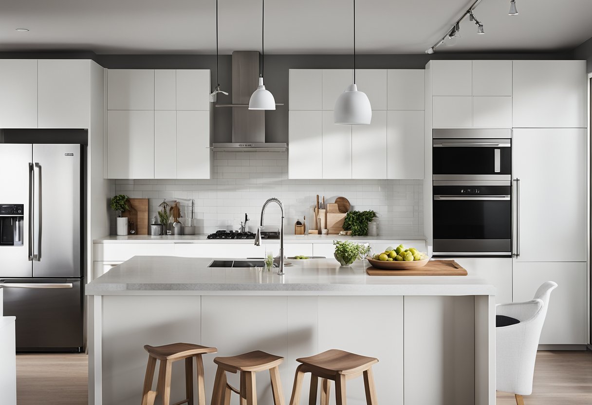 A modern, sleek IKEA kitchen with white cabinets, stainless steel appliances, and a large island with a quartz countertop. The space is filled with natural light and features minimalist Scandinavian decor