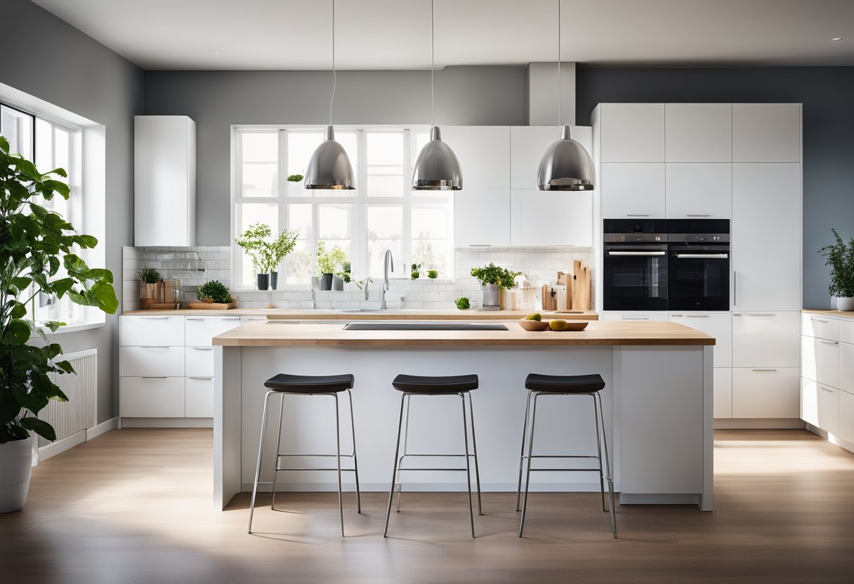 A bright, modern IKEA kitchen with sleek cabinets, stainless steel appliances, and a large island with bar stools. Bright natural light streams in through the windows, illuminating the clean, minimalist design