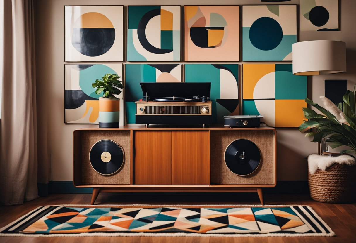 A cozy living room with mid-century furniture, geometric patterns, and bold colors. A record player sits on a sleek sideboard, while a shag rug and abstract art complete the retro vibe