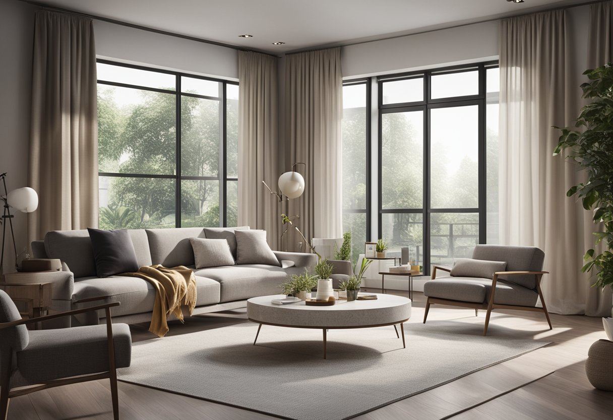 A modern living room with a large window, sleek furniture, and a minimalist color palette