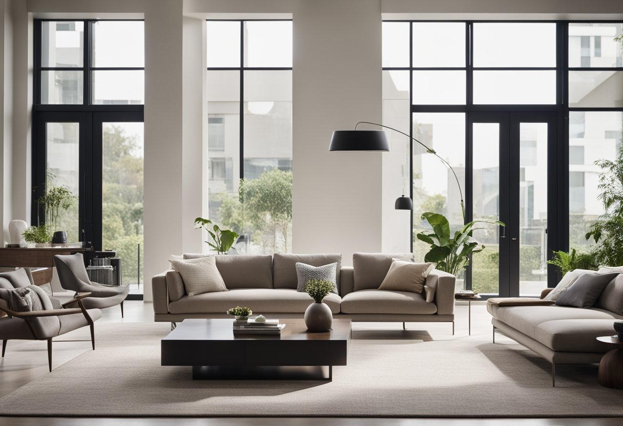 A modern living room with sleek furniture, clean lines, and a neutral color palette. Large windows let in natural light, and a statement piece of artwork hangs on the wall