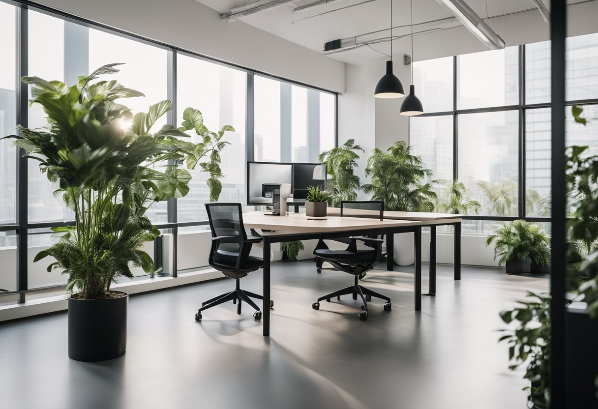 A modern office space with sleek furniture, plants, and natural light streaming in through large windows. Clean lines and a minimalist aesthetic create a sense of calm and organization