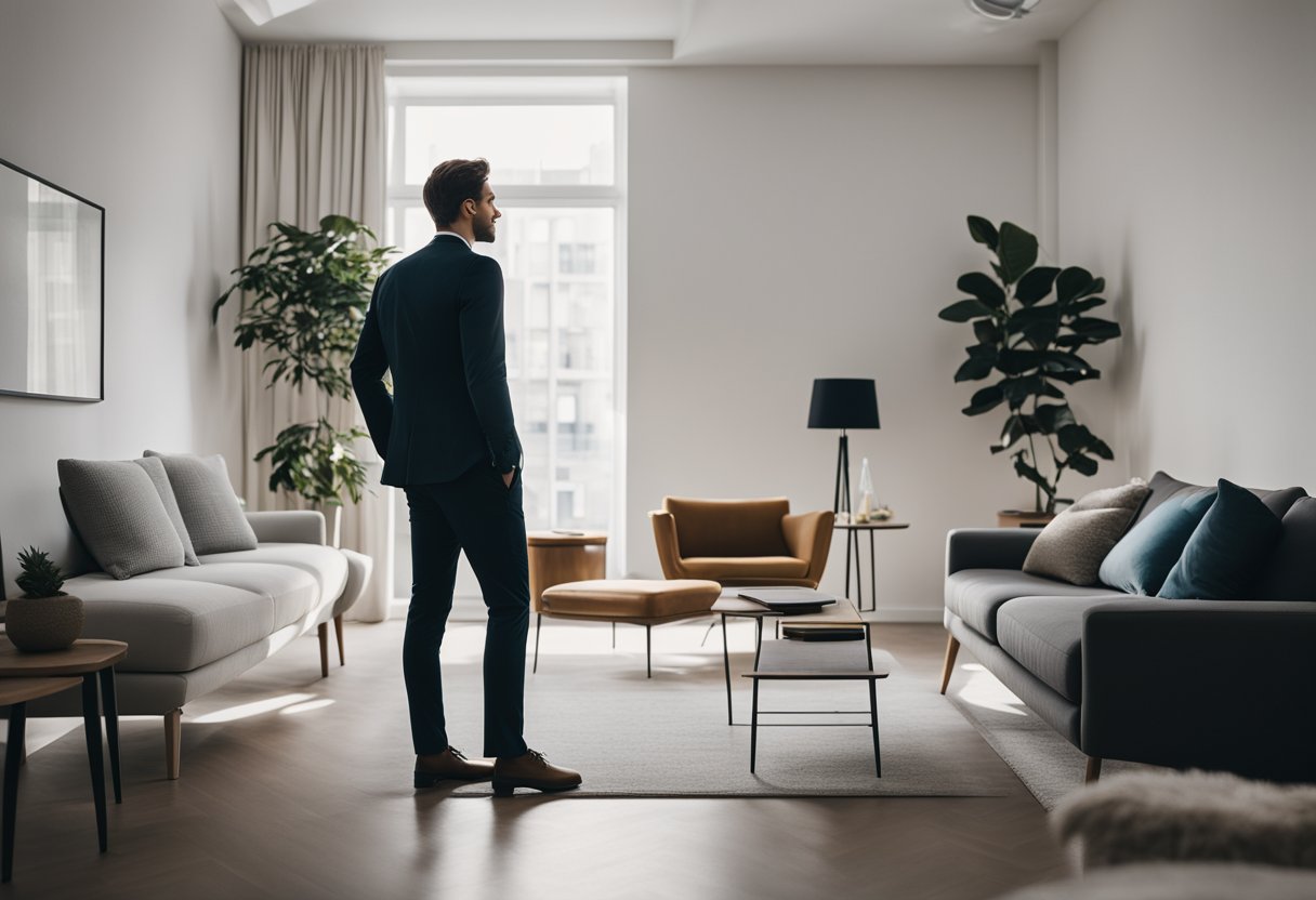 A modern figure standing in a well-lit room, surrounded by stylish furniture and decor. A sleek, minimalist design with pops of color and clean lines