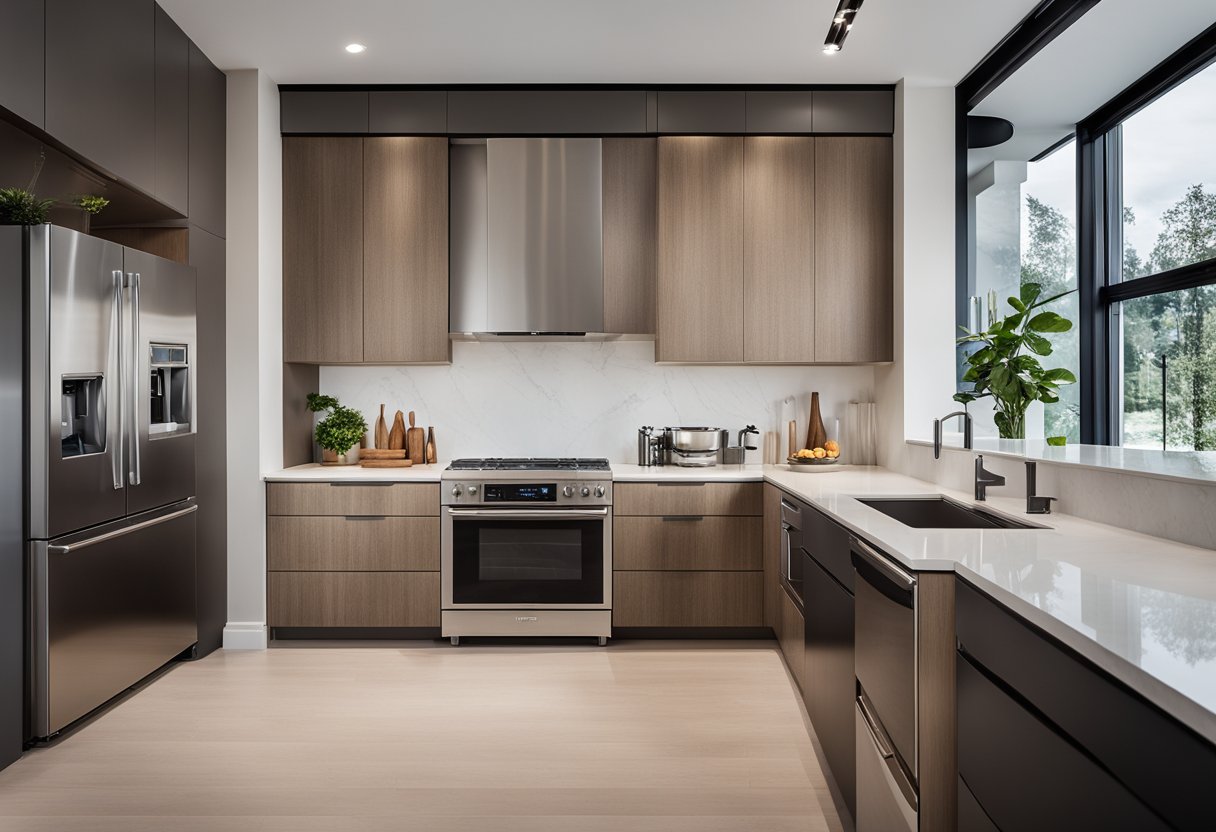 A modern kitchen with sleek cabinets, stainless steel appliances, and a large island. Minimalist decor and pendant lighting add a contemporary touch