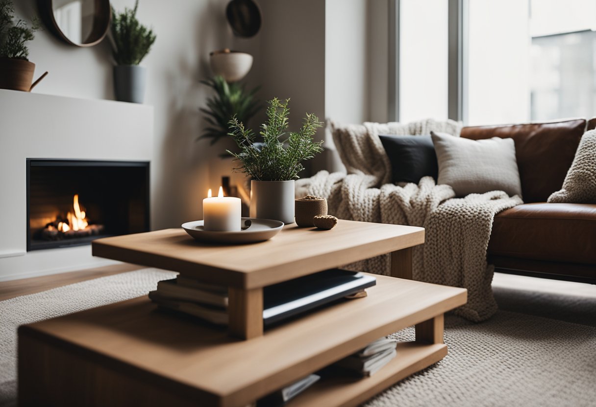 A cozy living room with minimalist furniture, natural materials, and earthy tones. A fireplace with a stack of firewood, a knitted throw blanket on a sleek sofa, and a few potted plants add warmth to the space