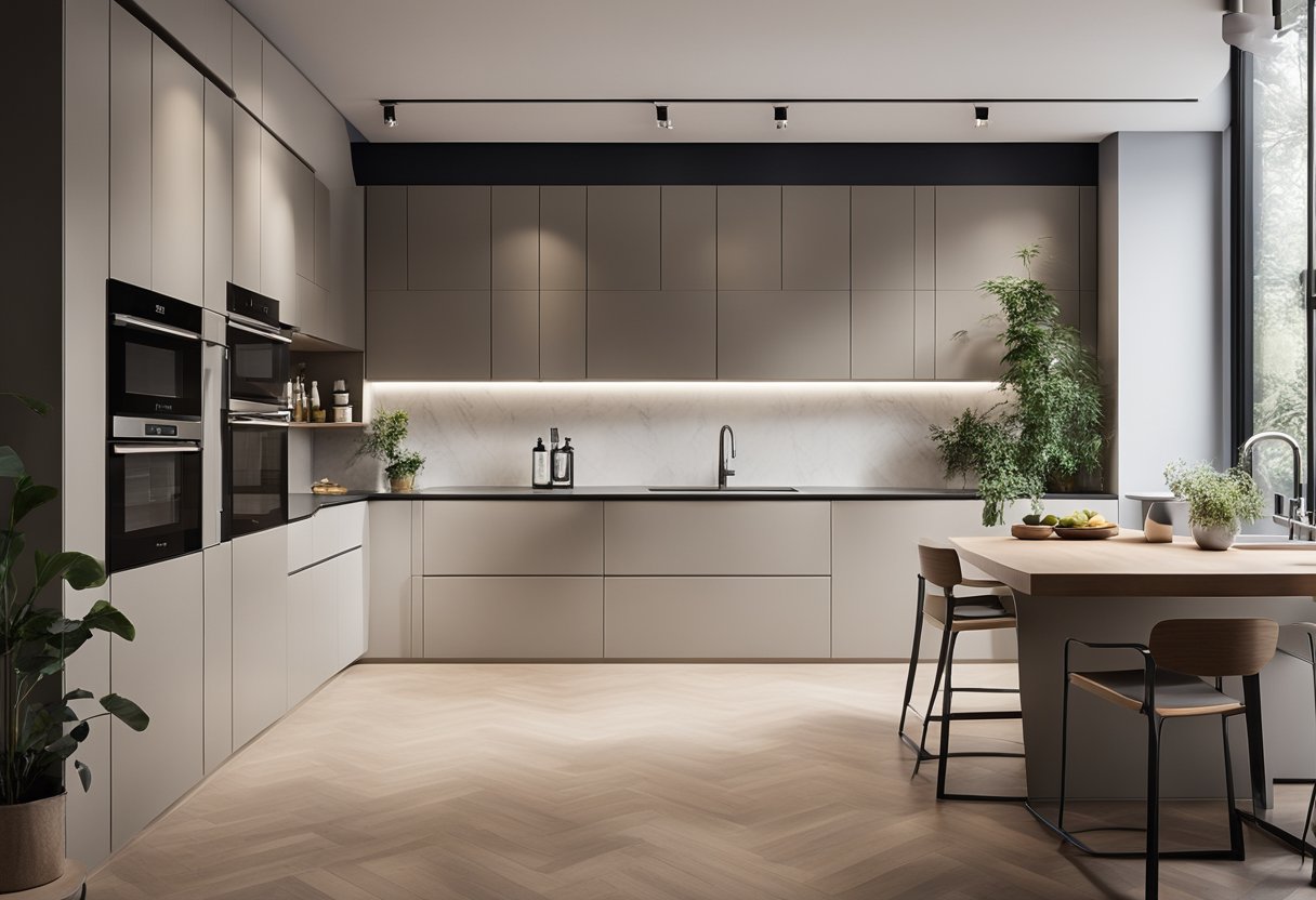 An open-plan kitchen with modern cabinets, sleek countertops, and efficient storage solutions. Bright lighting and a minimalist color palette create a clean and inviting space