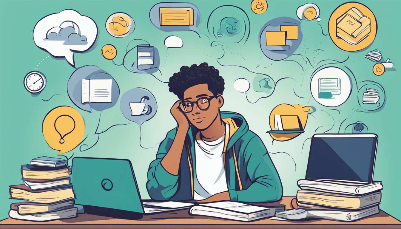 A student sitting at a desk, surrounded by textbooks and a laptop, researching personal loan options. A thought bubble with question marks hovers above their head