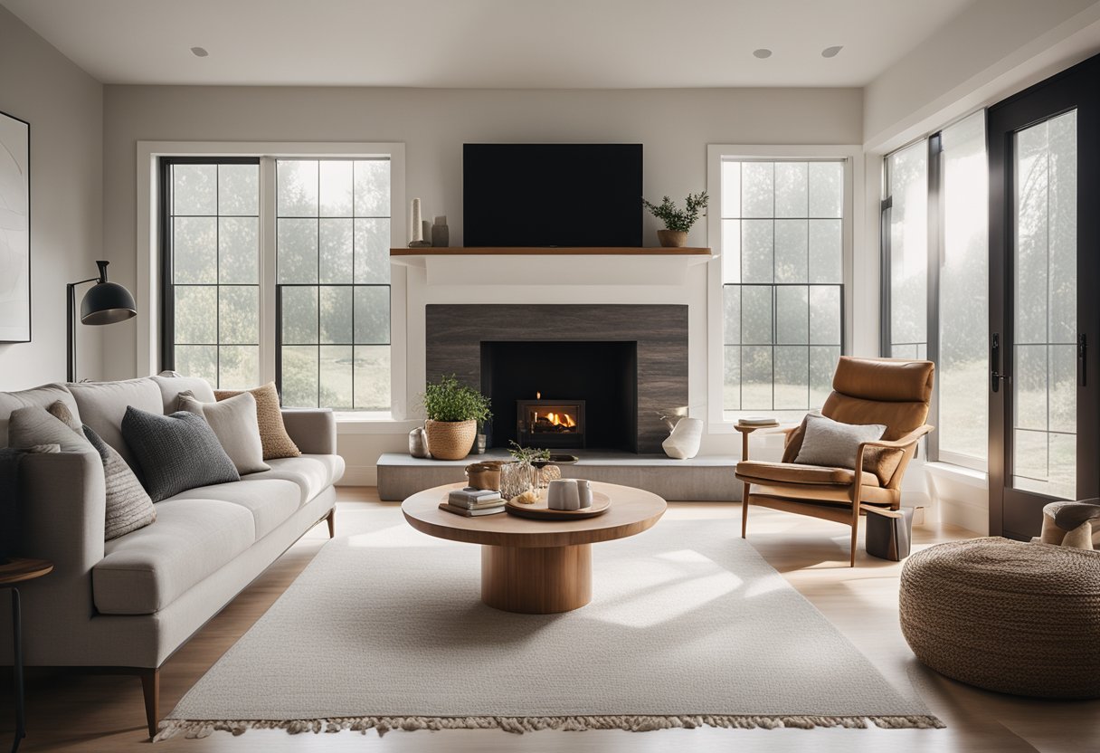 A cozy living room with minimal furniture, natural materials, and neutral colors. Large windows let in plenty of natural light, and a fireplace adds warmth to the space