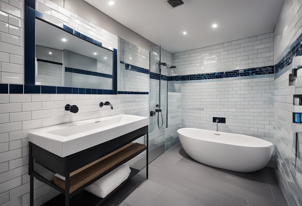 A modern bathroom with white subway tiles, accented with blue mosaic tiles in the shower area. The floor is covered in large, grey ceramic tiles, creating a sleek and contemporary look