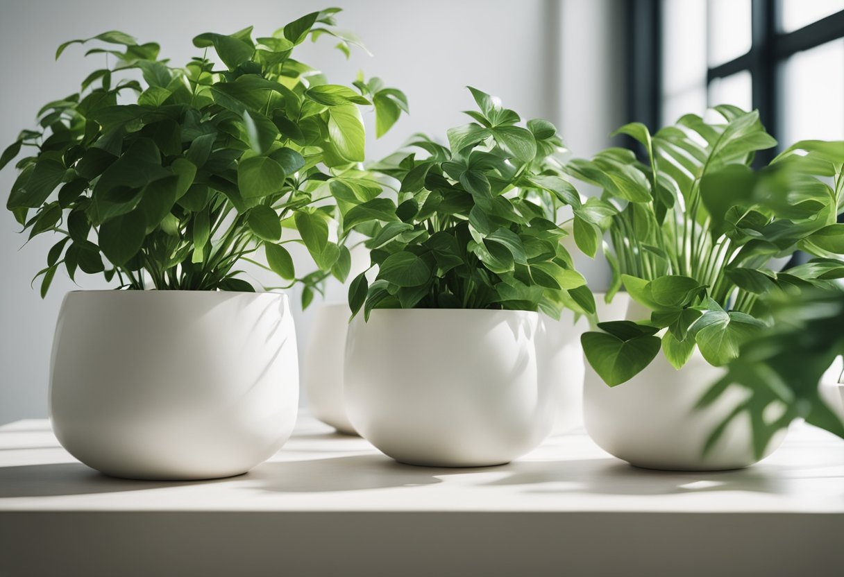Lush green plants adorn a modern, sunlit interior space with clean lines and minimalist decor. The plants are carefully arranged in stylish pots, adding a touch of natural beauty to the room