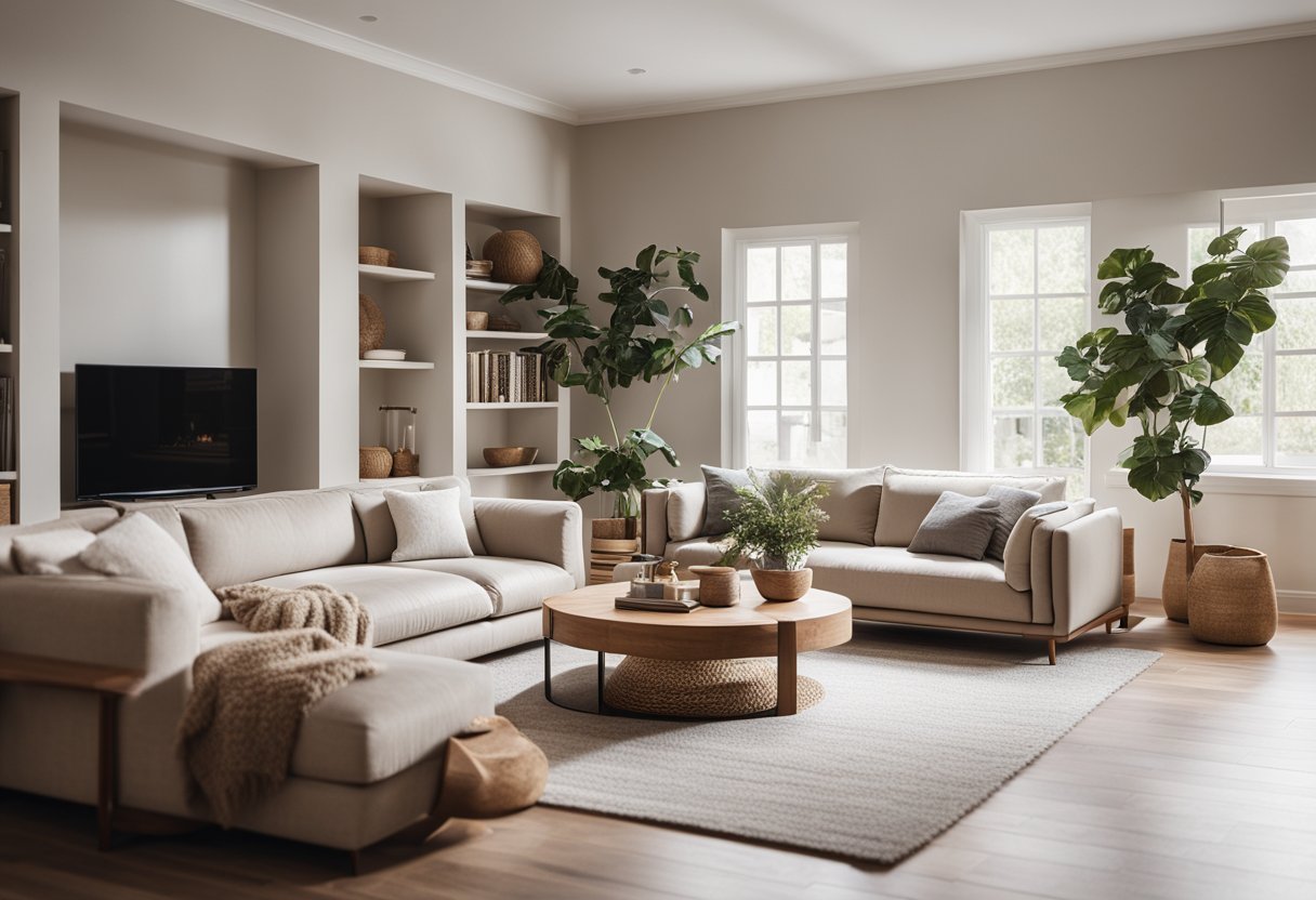 A cozy living room with minimalist furniture, natural light, and neutral colors. A mix of textures like wood, leather, and wool create a warm and inviting atmosphere