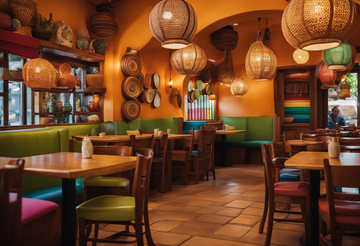 Warm, earthy tones adorn the walls of the Mexican restaurant. Colorful, traditional artwork and pottery line the shelves. Wooden tables and chairs are arranged in a cozy, inviting manner. Brightly colored textiles and hanging lights add to the vibrant atmosphere