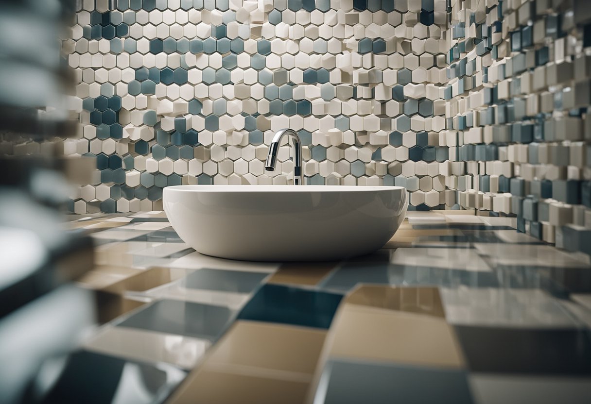 A person carefully choosing tiles from a wide array of options for a bathroom interior design