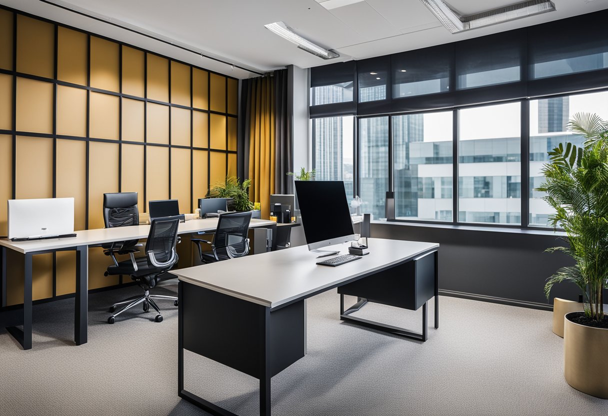 A modern office space with sleek furniture and vibrant decor, showcasing the impact of interior design on workplace ambiance