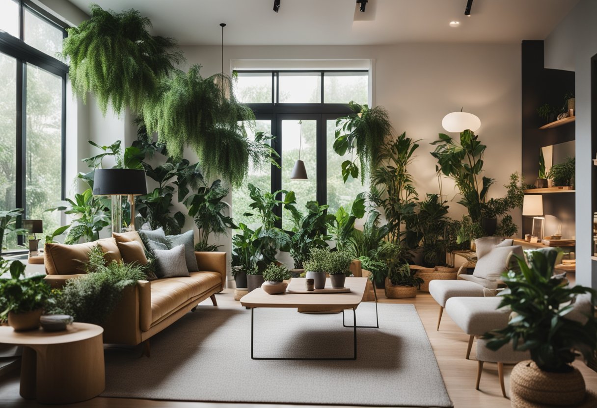 A cozy living room with a variety of lush indoor plants placed strategically around the space, adding a touch of greenery and natural beauty to the interior design