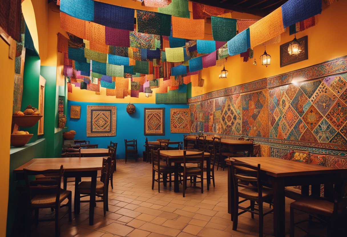 Brightly colored walls adorned with traditional Mexican tiles, rustic wooden tables and chairs, vibrant papel picado banners hanging from the ceiling, and a lively mural depicting scenes of Mexican culture