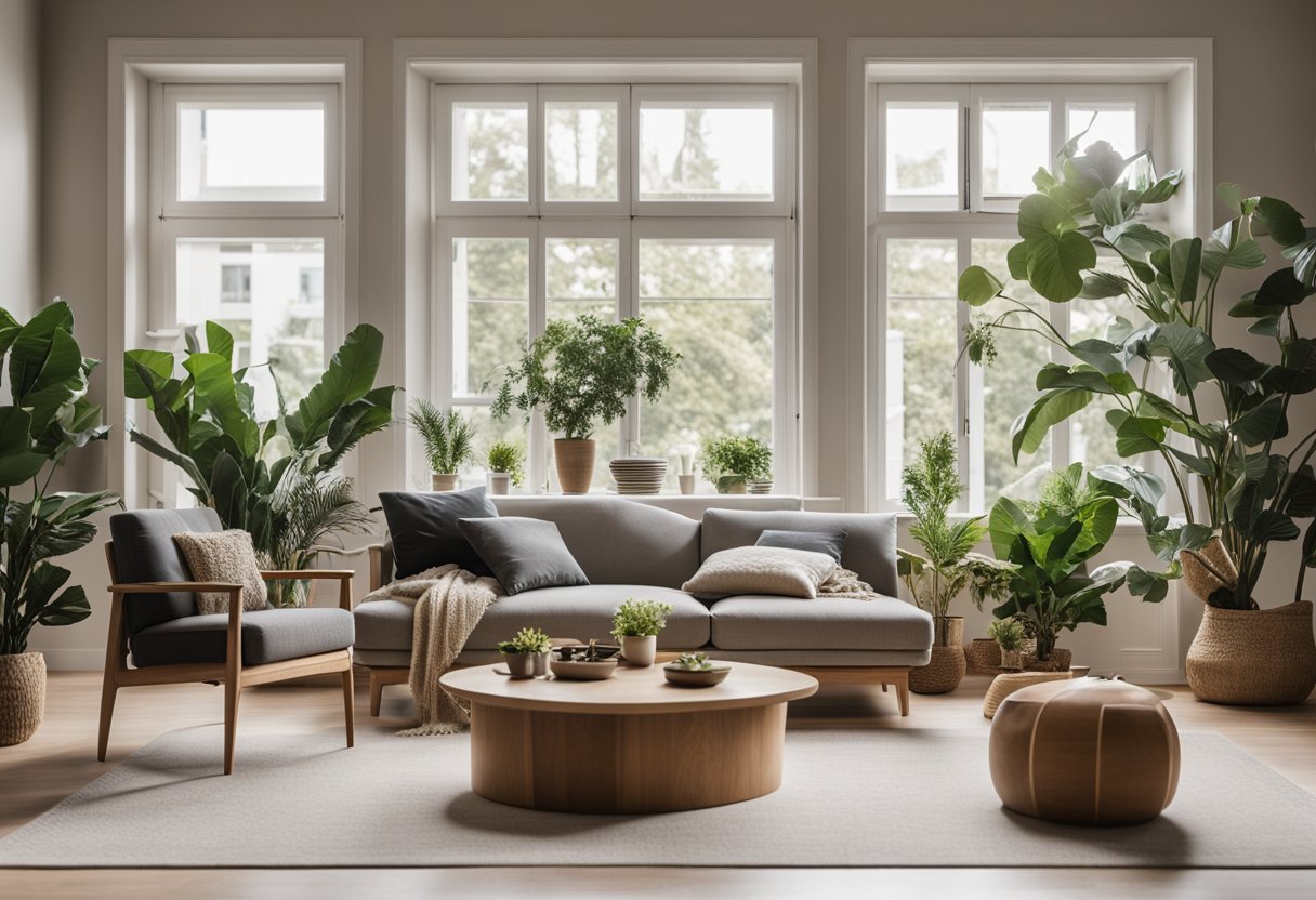 A cozy living room with minimalist furniture, neutral colors, and natural materials. A large window lets in plenty of natural light, and there are plants scattered throughout the room