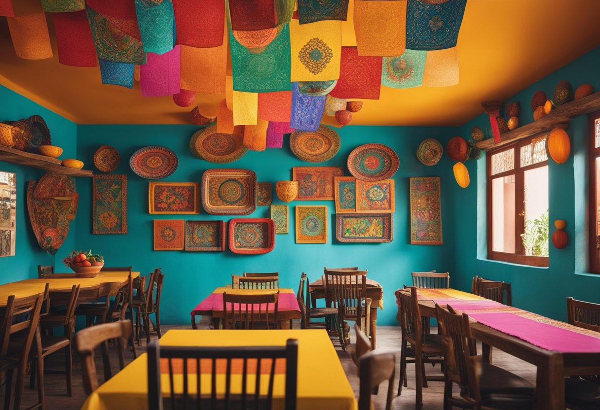Brightly colored walls adorned with traditional Mexican artwork, vibrant papel picado hanging from the ceiling, and rustic wooden tables set with colorful ceramic dinnerware