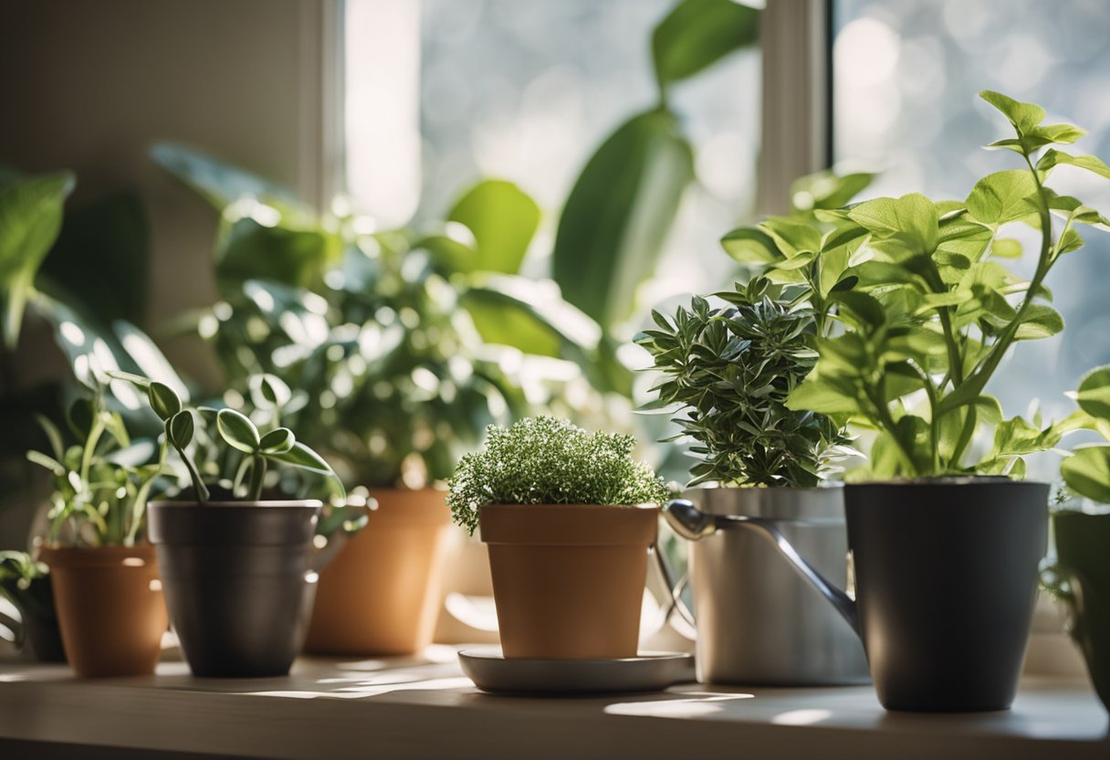 Sunlight filters through a window onto a variety of indoor plants, nestled in decorative pots on a shelf or table. Watering can and pruning shears sit nearby