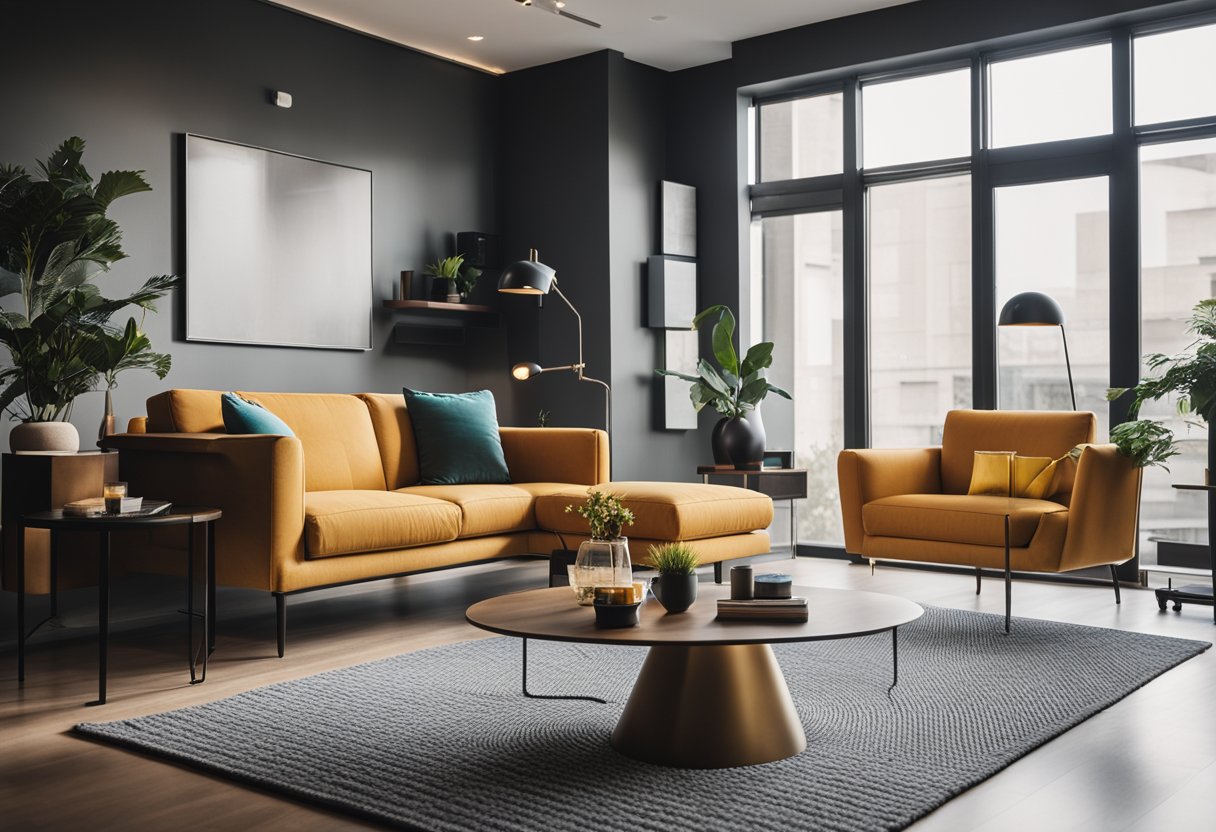 A modern and stylish interior space with clean lines, minimalistic furniture, and pops of vibrant color. A mix of natural and artificial lighting creates a warm and inviting atmosphere