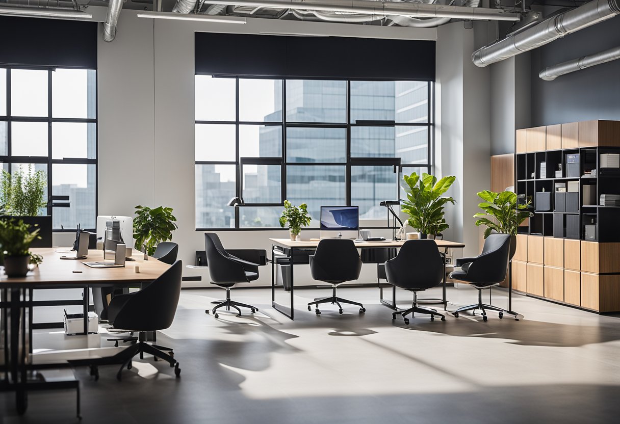 A modern office space with sleek furniture, clean lines, and pops of vibrant color. The space is well-lit with natural light streaming in through large windows