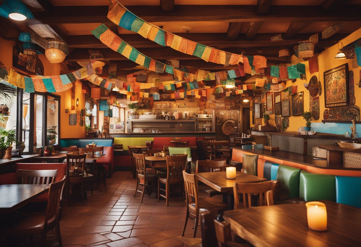 A bustling Mexican restaurant with vibrant colors, tiled floors, and rustic wooden tables. Brightly painted murals adorn the walls, while hanging papel picado adds a festive touch. A lively atmosphere with the aroma of spices in the air