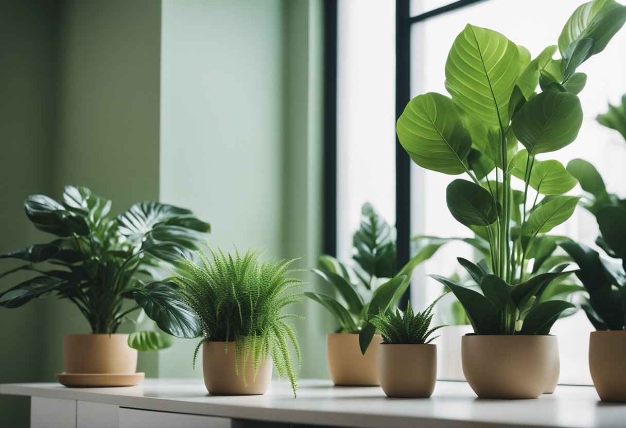 Lush green houseplants arranged in a modern, well-lit interior space with clean lines and minimalistic decor