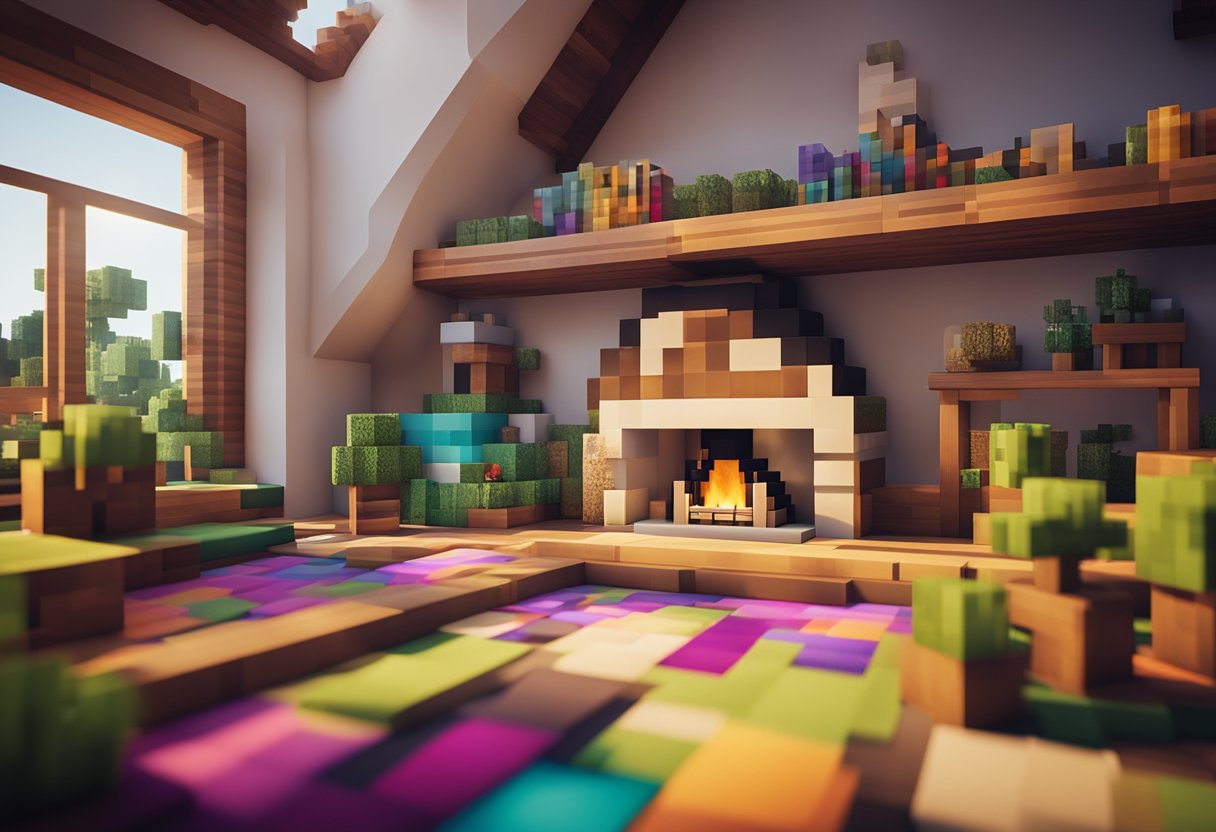 A cozy Minecraft house interior with a wooden table, fireplace, bookshelf, and colorful carpet