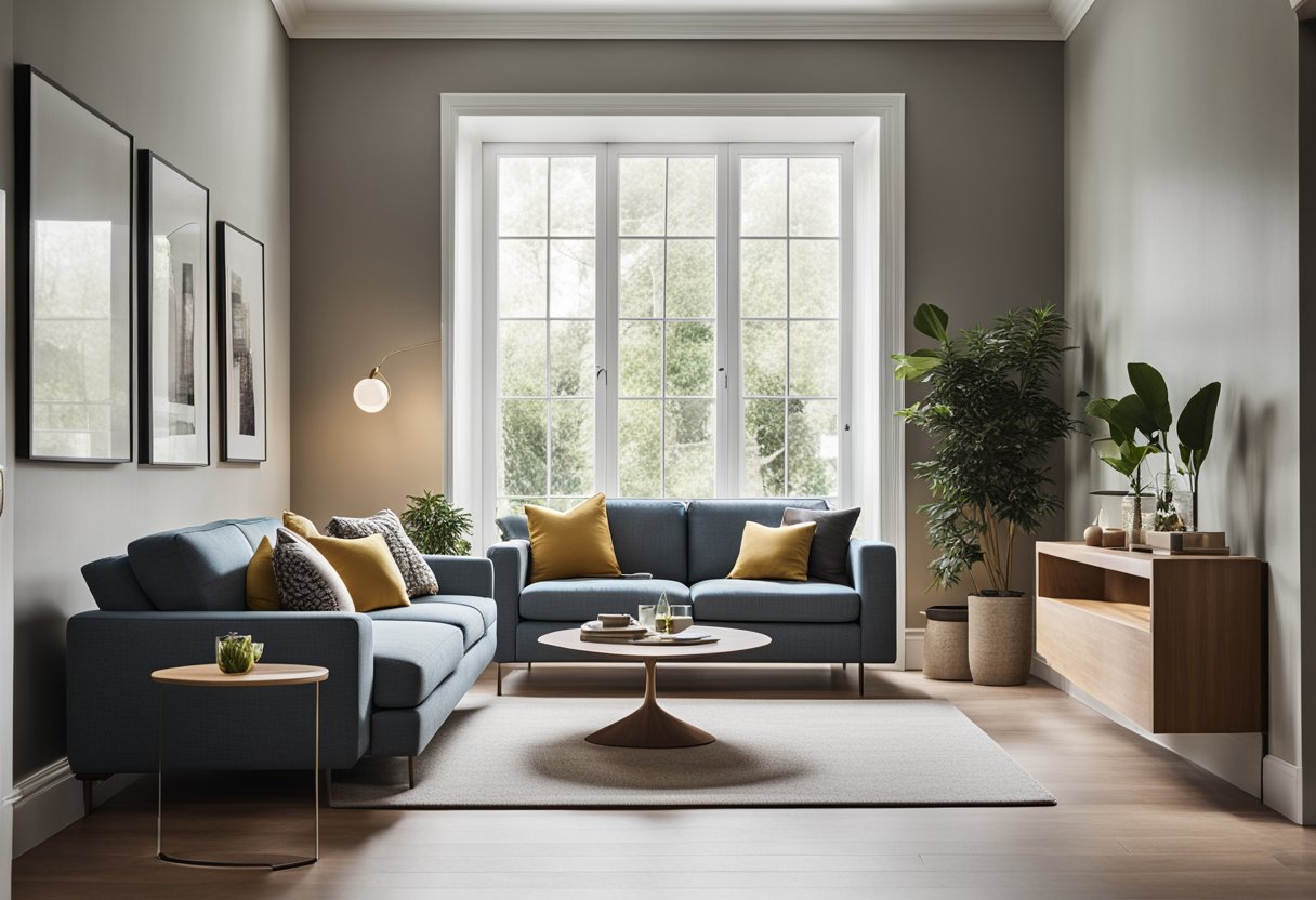 A spacious, well-lit room with modern furniture and vibrant accents. A large window allows natural light to fill the space, while a cozy reading nook beckons from the corner