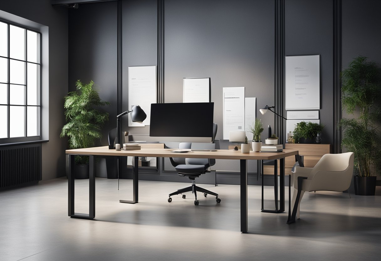 A modern, minimalist office space with sleek furniture and clean lines. A wall display showcases interior design statistics in a visually appealing way