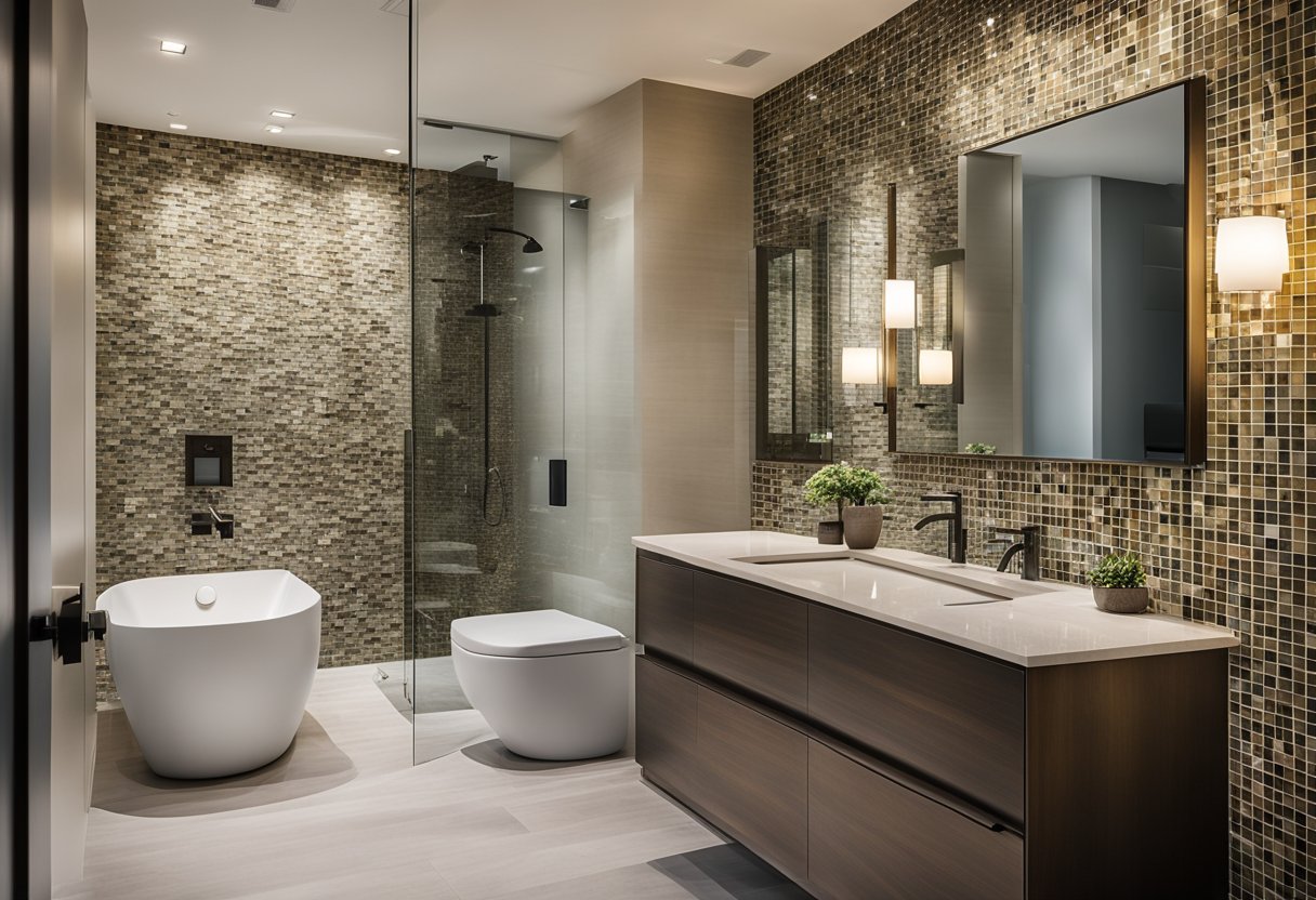 A modern bathroom with a variety of tile designs on display, including different colors, patterns, and textures. Light fixtures illuminate the space, and a sleek vanity and mirror add to the contemporary feel