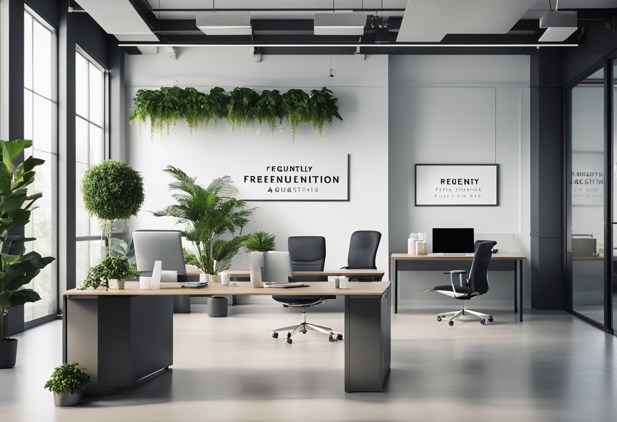 A modern office with sleek furniture, plants, and a large "Frequently Asked Questions" sign on the wall