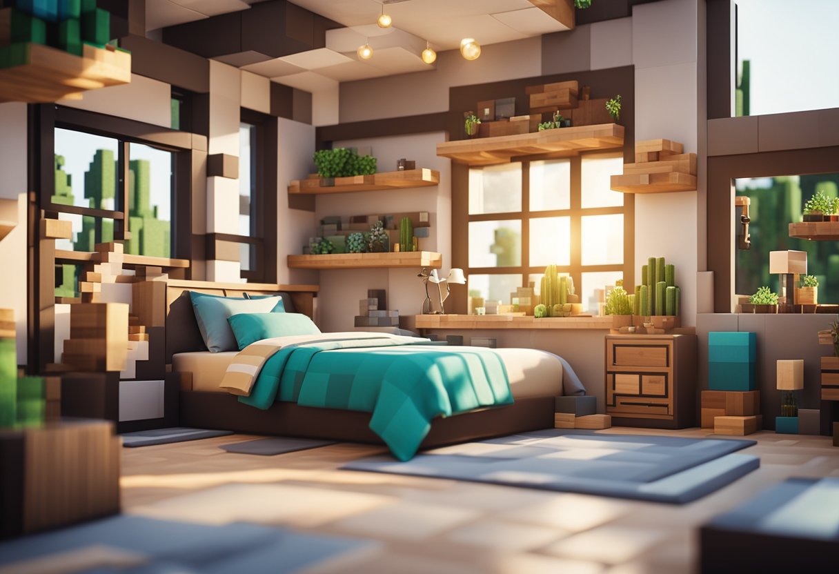 A cozy Minecraft house interior with a neatly arranged living room, a fully stocked kitchen, and a stylish bedroom with a large bed and colorful decorations