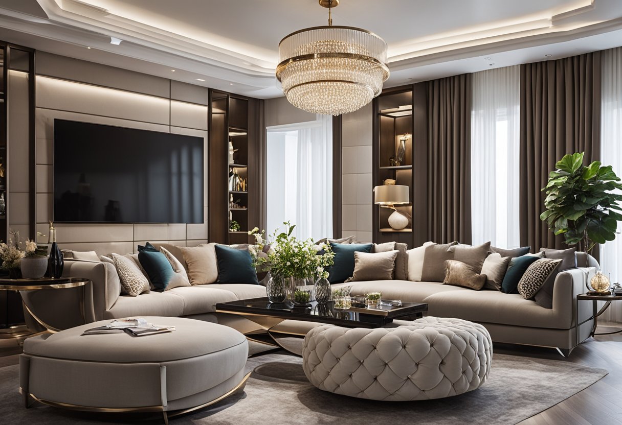 A luxurious living room with modern furniture, elegant decor, and soft lighting