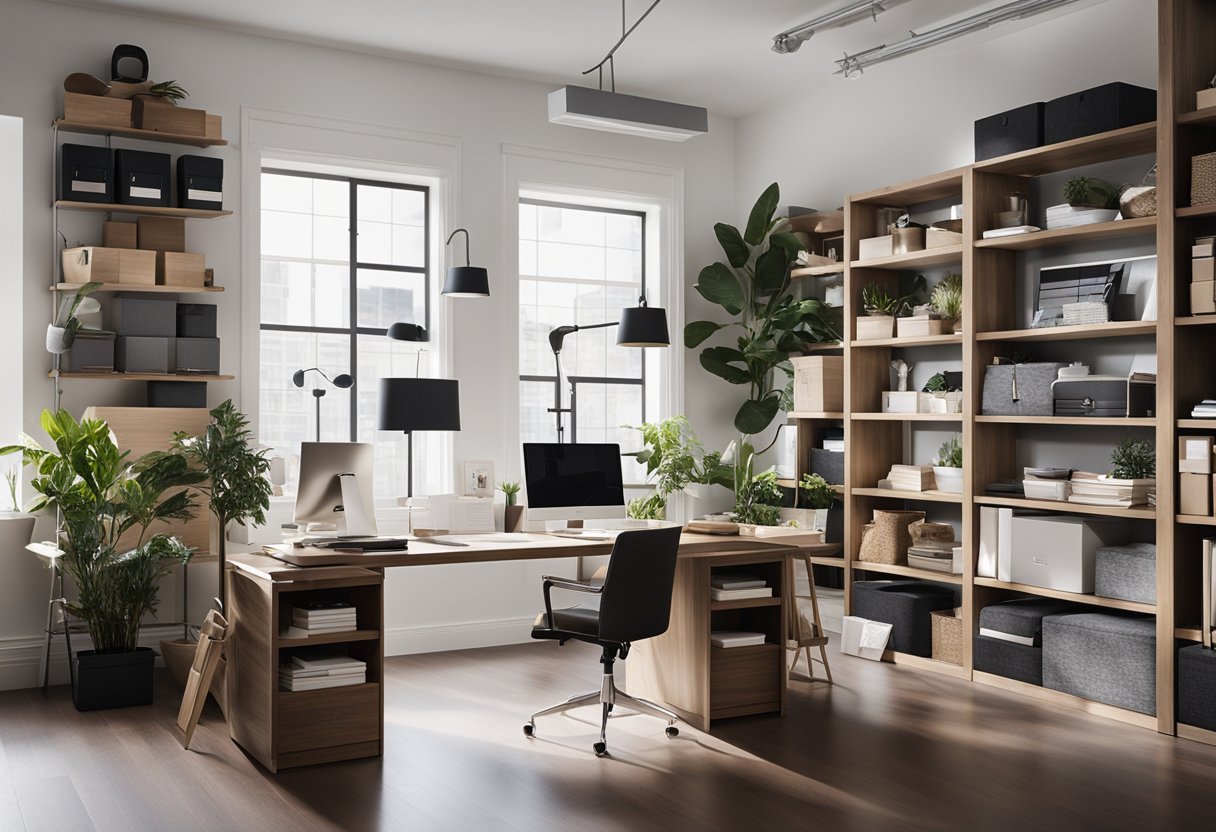 An interior design studio with a sleek desk, computer, mood boards, and sample materials neatly organized on shelves. A large window lets in natural light, and a cozy seating area is arranged for client meetings