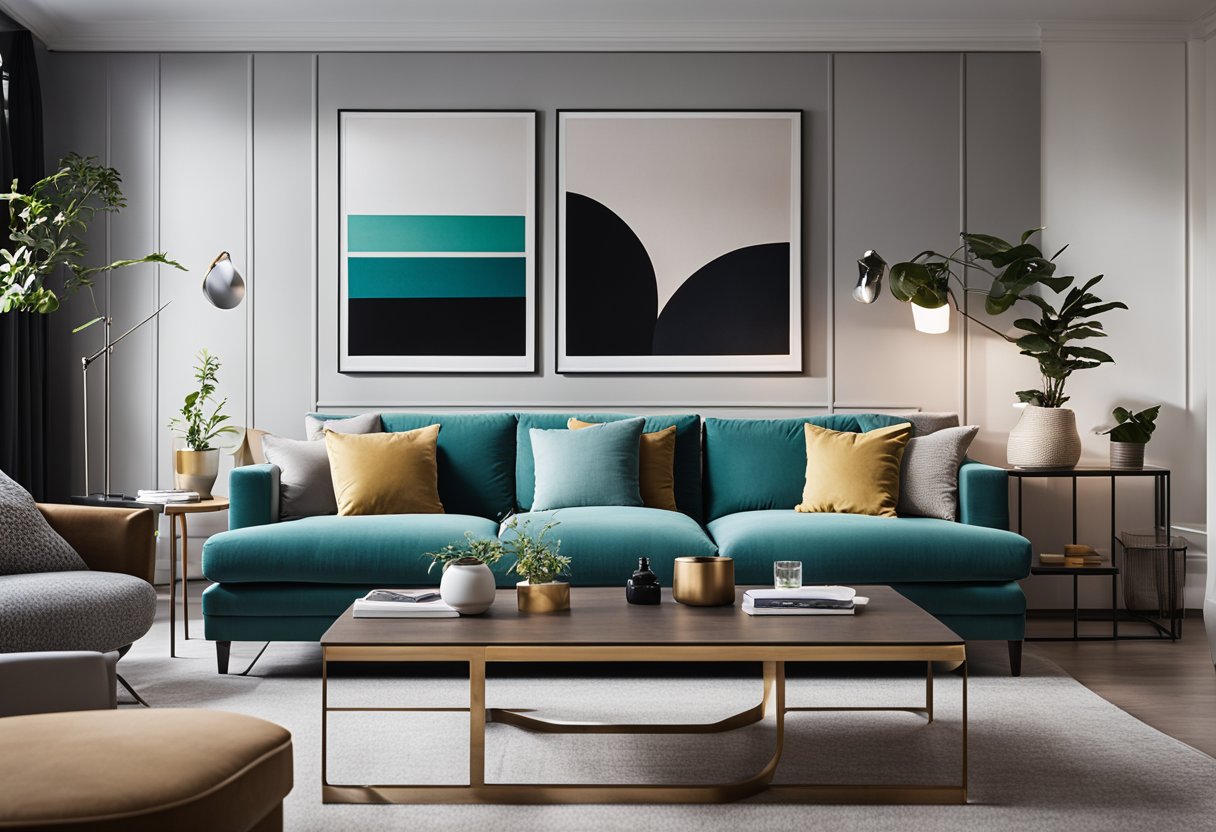 A modern living room with clean lines, minimalistic furniture, and pops of color. Light floods in from large windows, illuminating the sleek and sophisticated space