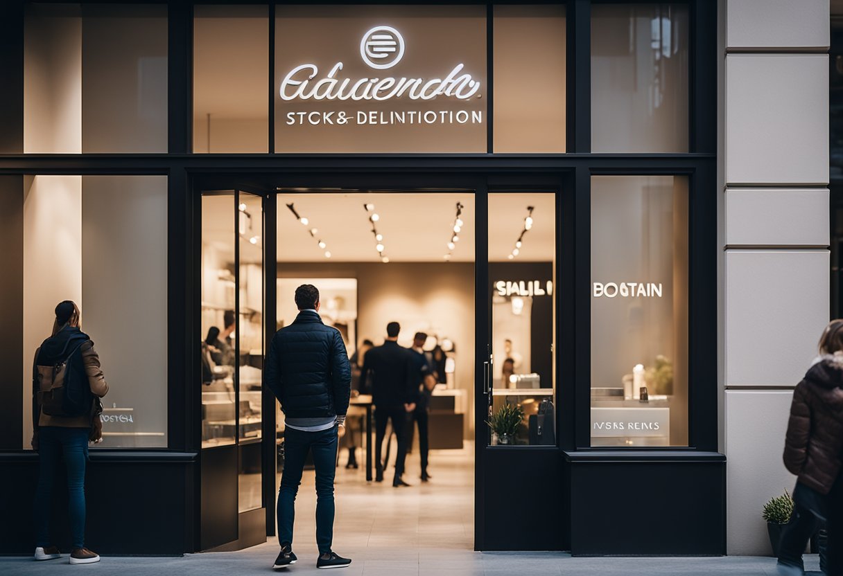 A stylish interior design brand logo shines on a storefront, with a line of eager clients waiting to step inside