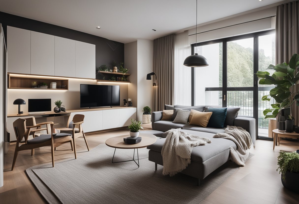 A cozy living room with modern furniture, a compact kitchen with sleek appliances, and a minimalist bedroom with built-in storage