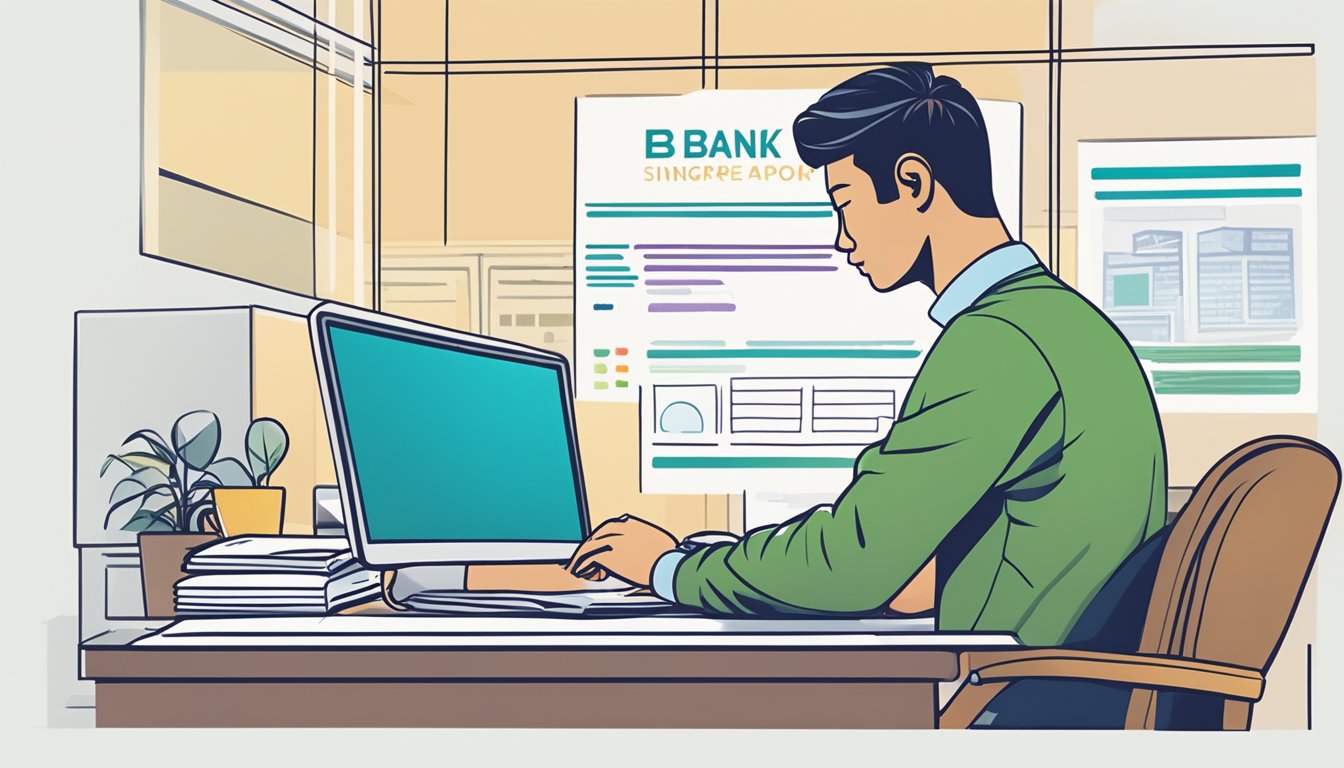 A person sitting at a desk, filling out a loan application form for POSB Bank Singapore. The desk is cluttered with paperwork and a computer screen shows the bank's logo