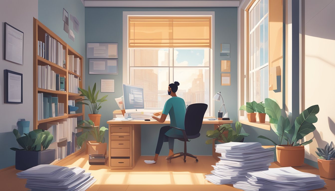 A person sits at a desk, surrounded by paperwork and a computer, exploring POSB personal loans. The room is well-lit with natural sunlight streaming in through a window