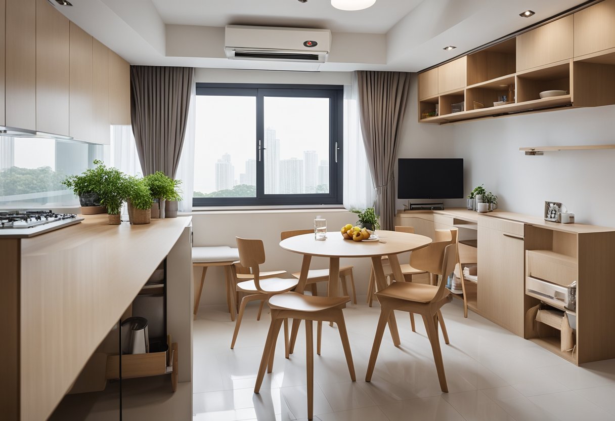 A cozy HDB 2-room flexi flat with clever space-saving solutions, like a foldable dining table and built-in storage. Bright, airy, and functional