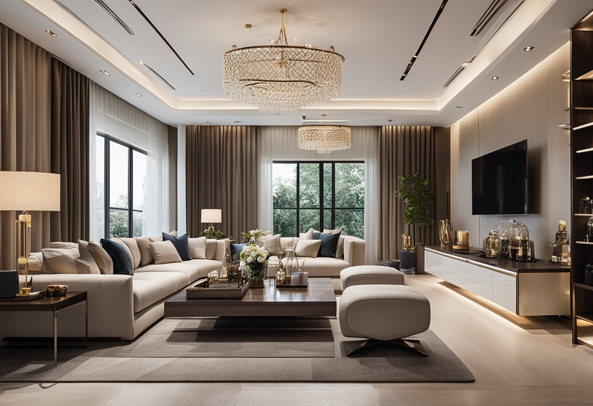 A luxurious living room with modern furniture, elegant decor, and natural lighting, creating a warm and inviting atmosphere