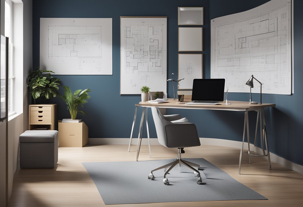 A room with a large window, desk, and chair. Blueprints and design tools scattered on the desk. A floor plan and architectural drawings pinned to the wall