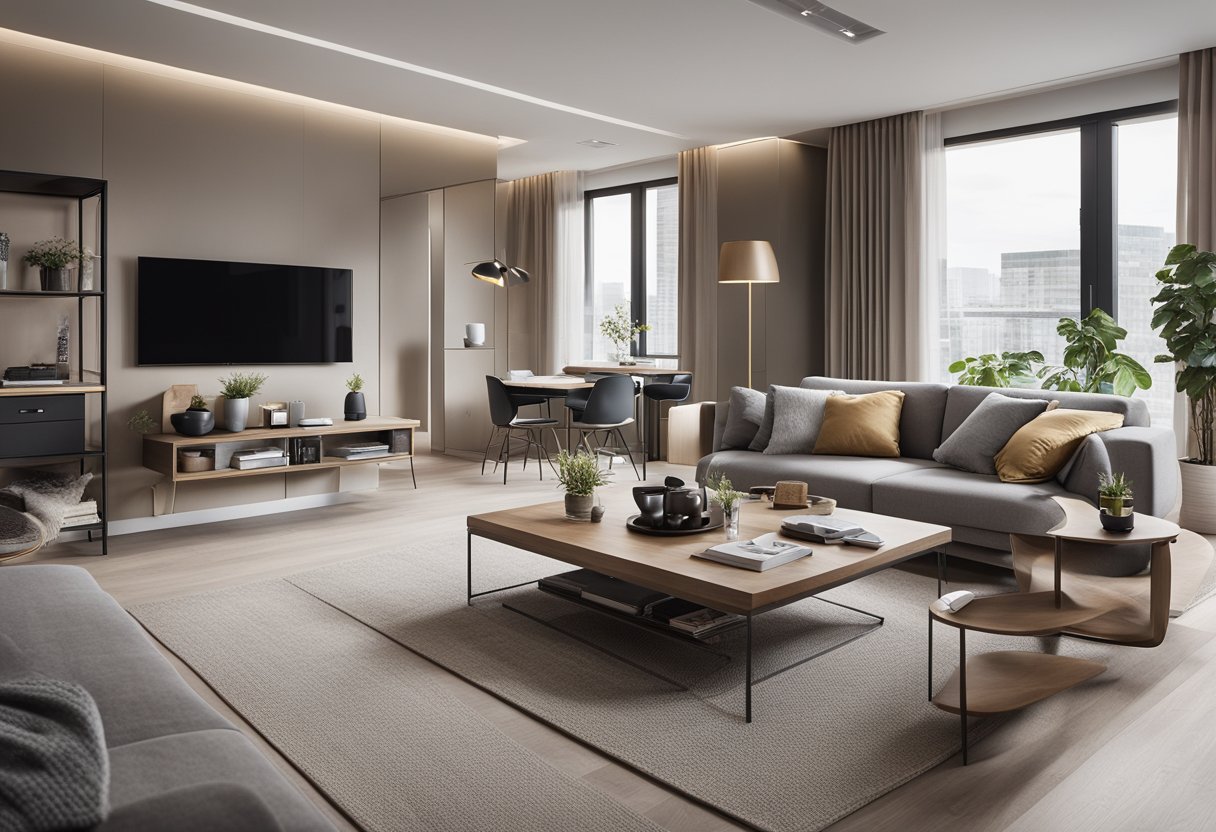 A modern 2-room flexi flat interior with sleek furniture, storage solutions, and a neutral color palette. Functional and stylish design elements are incorporated throughout the space