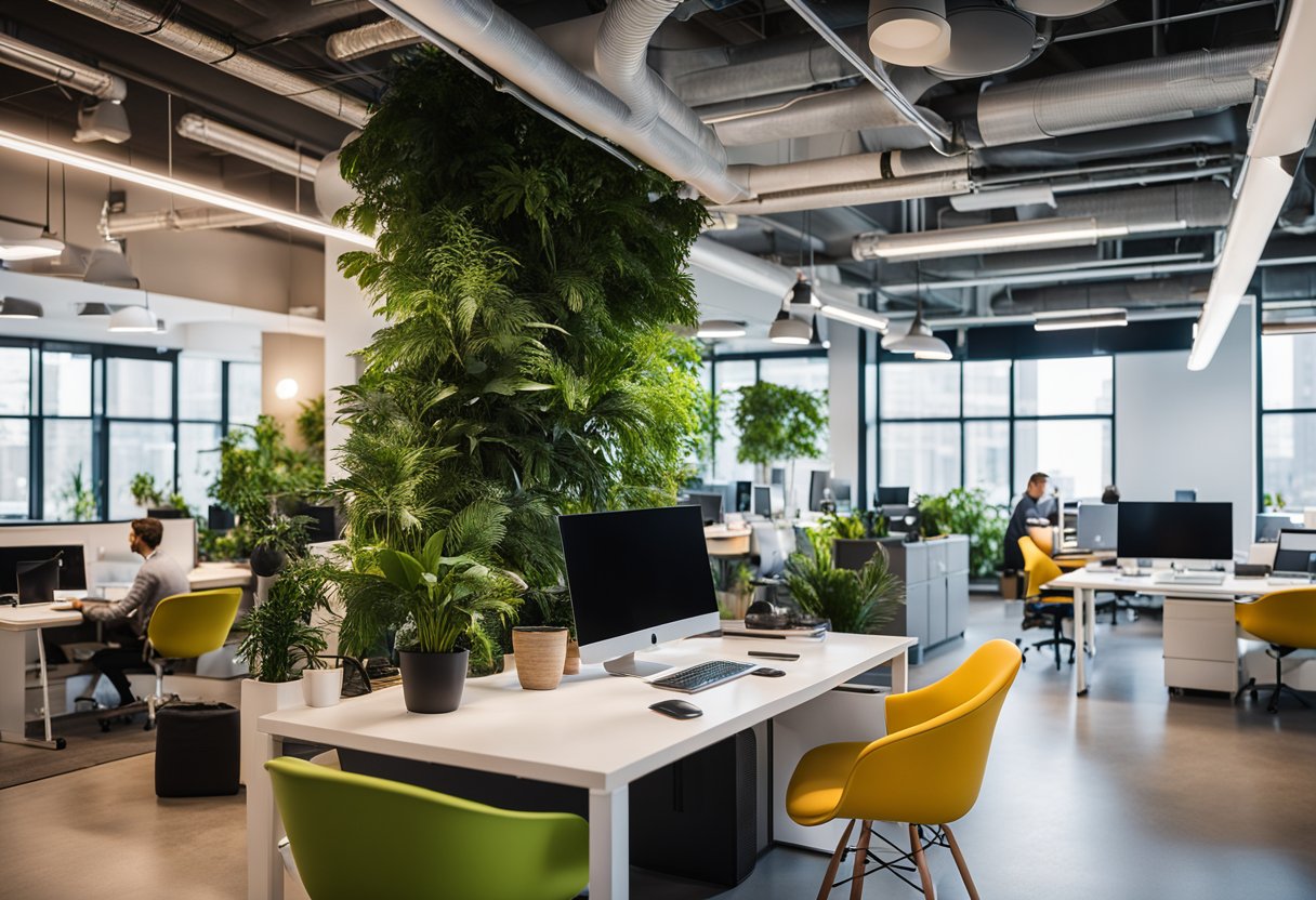 The startup office is modern and vibrant, with open workspaces, sleek furniture, and pops of color. There are large windows letting in natural light, and a mix of technology and greenery throughout the space