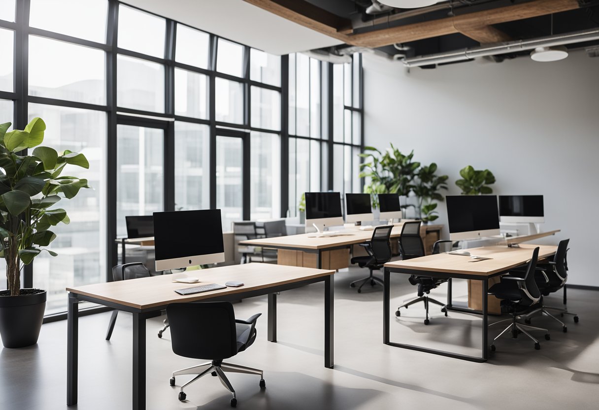 A modern office space with clean lines, minimalistic furniture, and strategic layout for efficient workflow. Bright natural light and neutral color palette create a calm and focused atmosphere