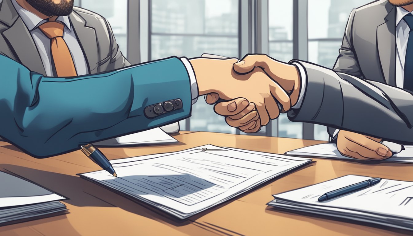 Two individuals sit at a table, exchanging documents and shaking hands. One person holds a pen, ready to sign the loan agreement